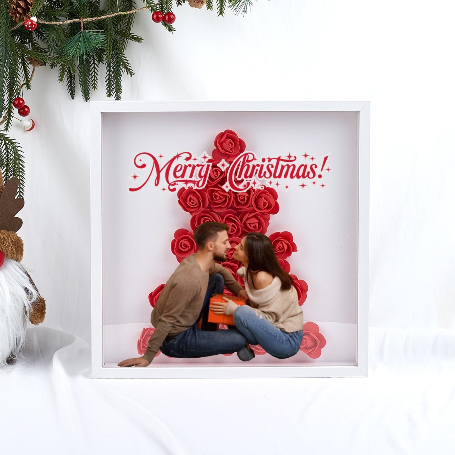 Christmas Tree Paper Rose Flower Shadow Box Frame Christmas Gift