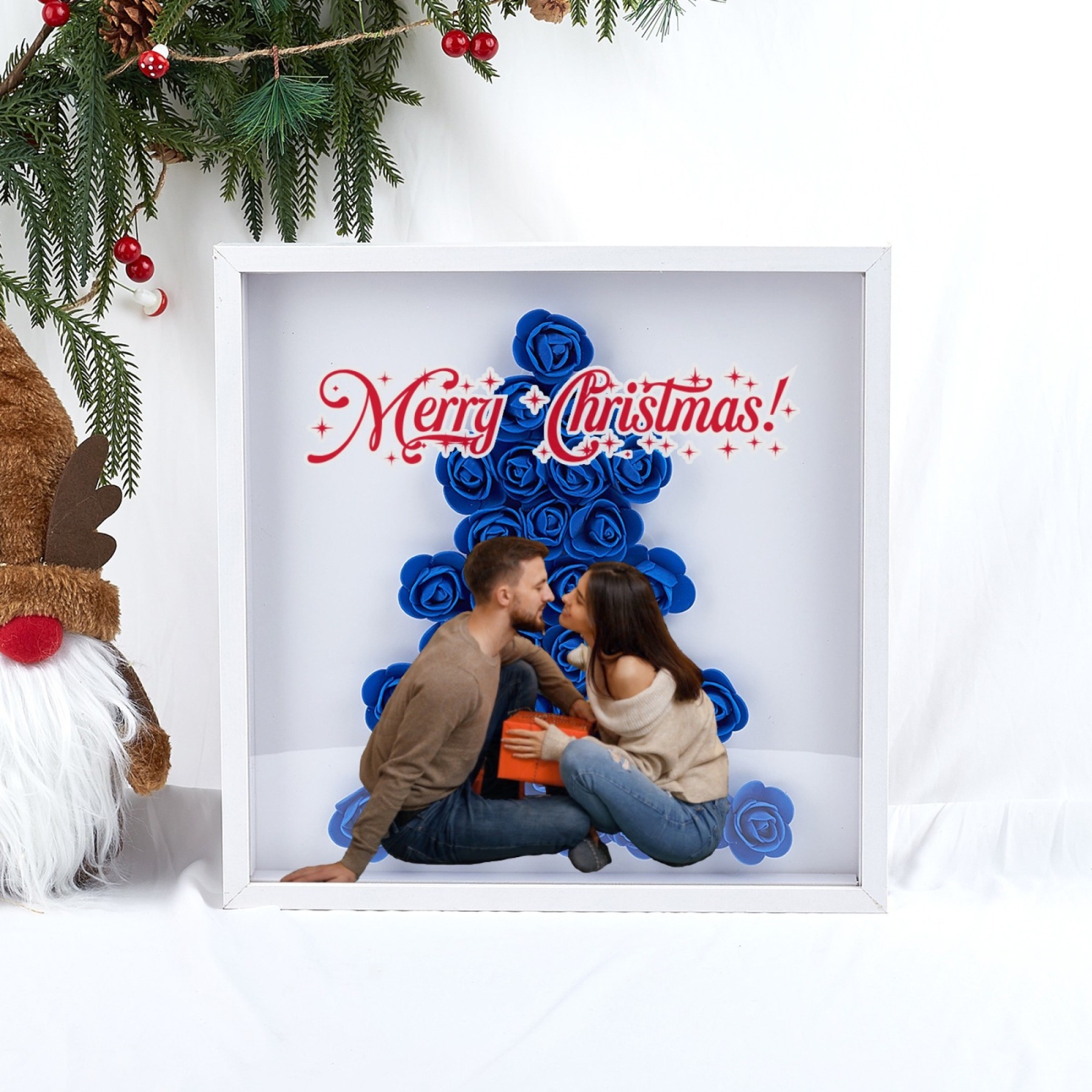 Christmas Tree Paper Rose Flower Shadow Box Frame Christmas Gift