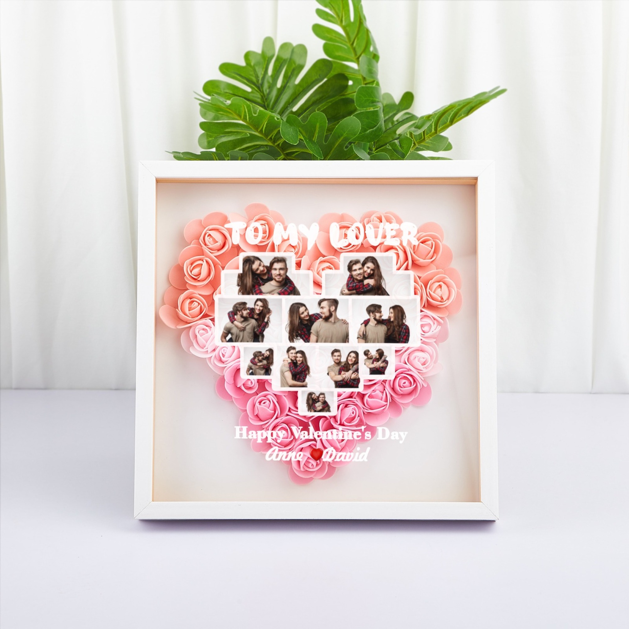 Custom Flower Shadowbox with Photo and Names Heart-Shaped Rose Frame S