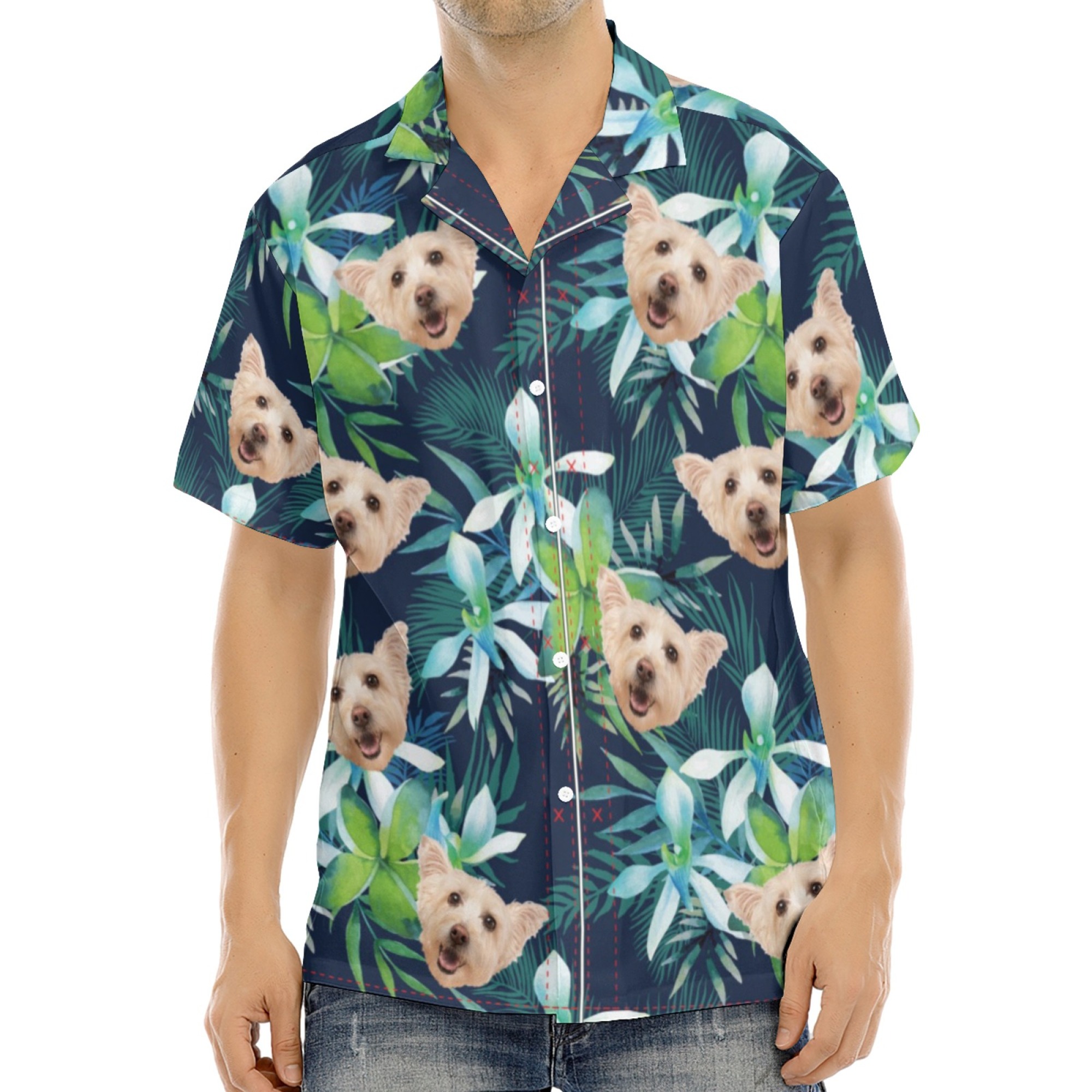 Custom Hawaiian Shirt with Pet Photo Cat Face Dog Face Leaf Tropical Sunshine Style
