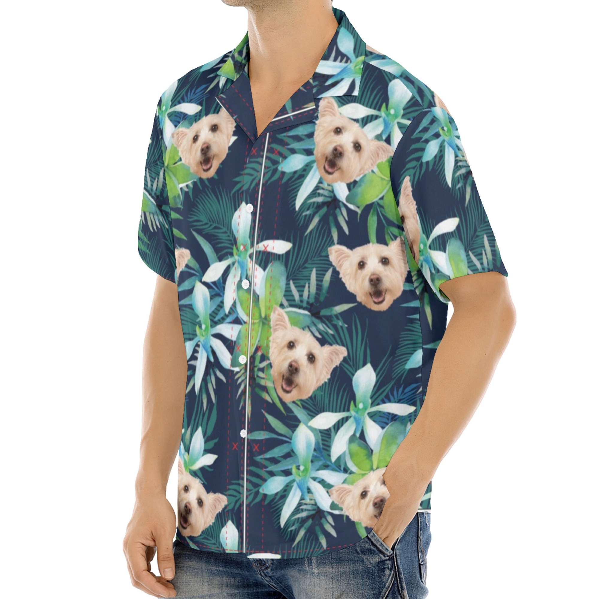Custom Hawaiian Shirt with Pet Photo Cat Face Dog Face Leaf Tropical Sunshine Style
