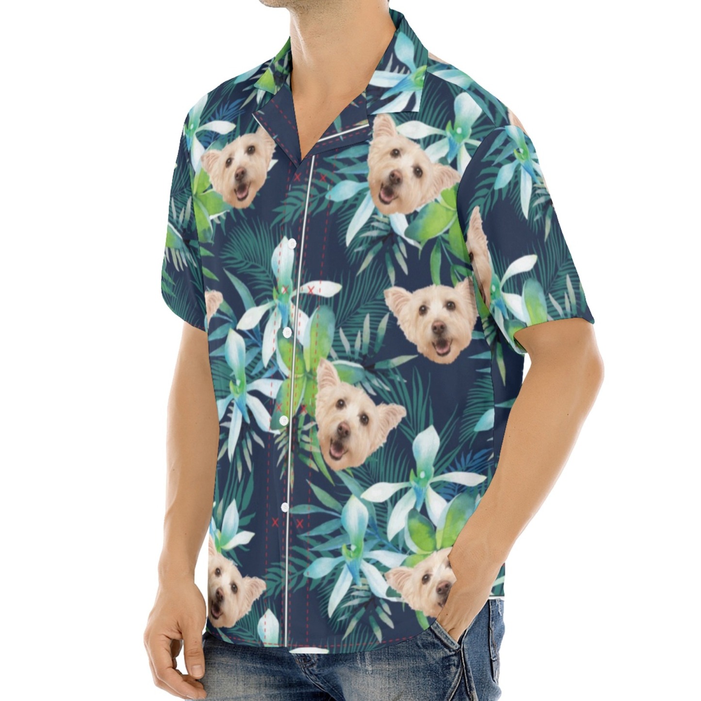 Custom Hawaiian Shirt with Pet Photo Cat Face Dog Face Leaf Tropical Sunshine Style