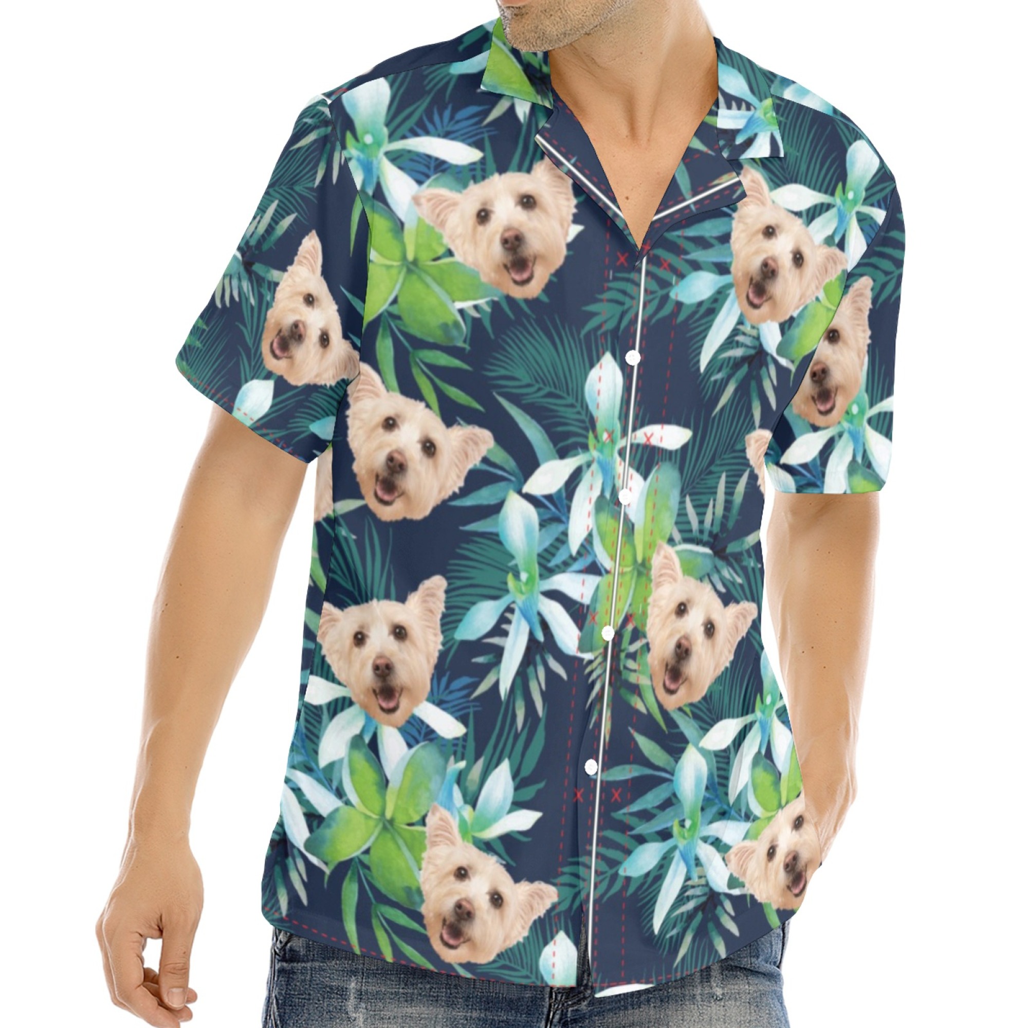 Custom Hawaiian Shirt with Pet Photo Cat Face Dog Face Leaf Tropical Sunshine Style