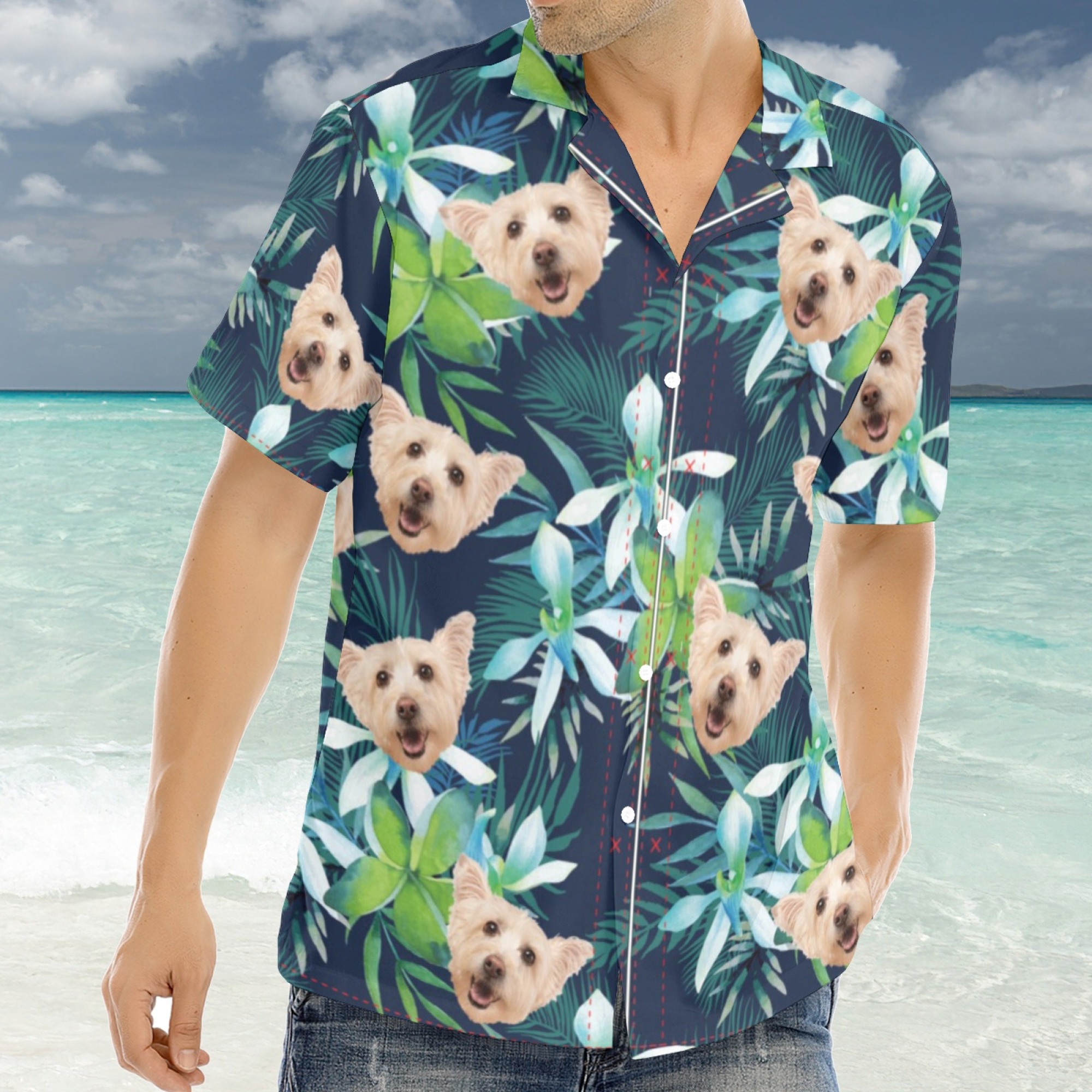 Custom Hawaiian Shirt with Pet Photo Cat Face Dog Face Leaf Tropical Sunshine Style