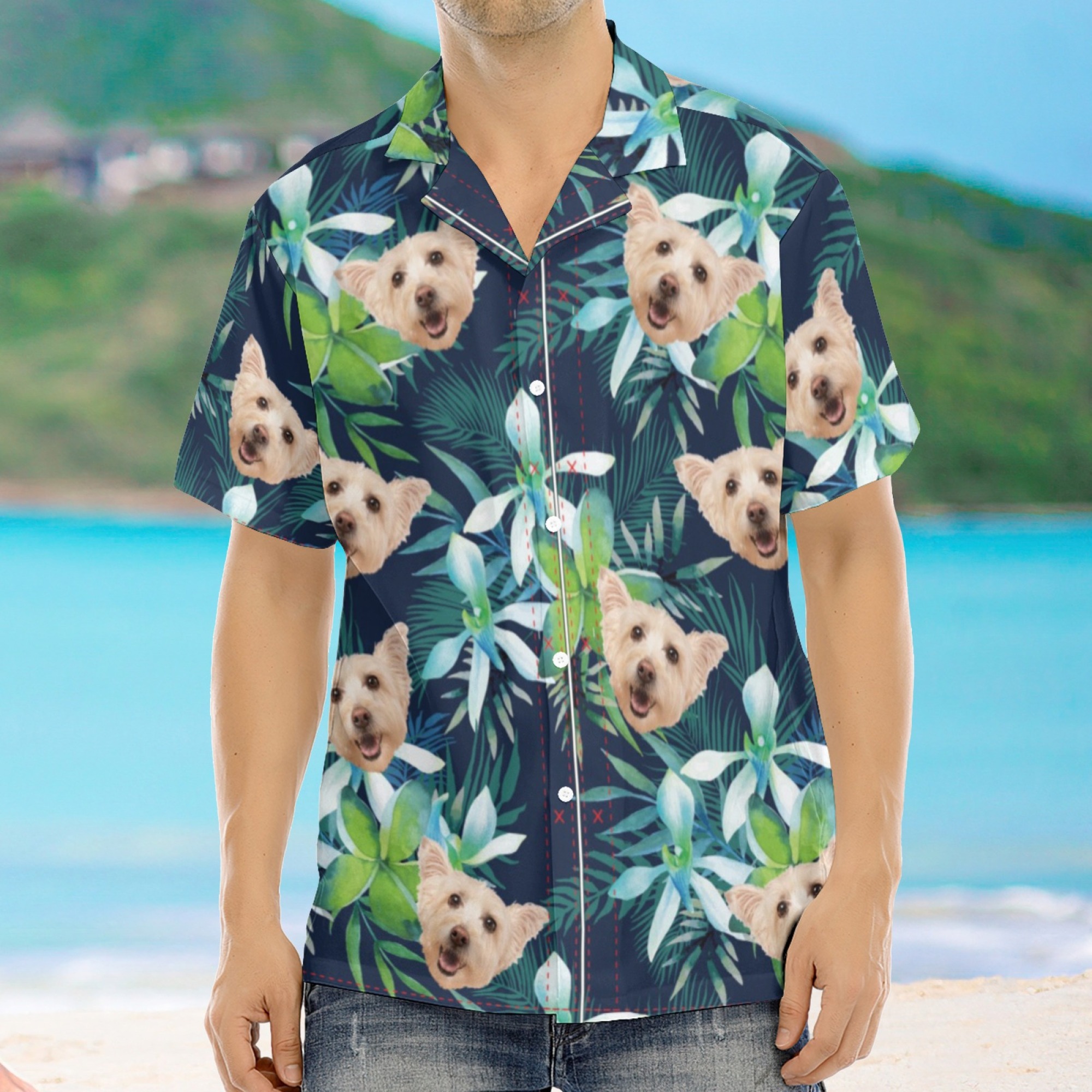 Custom Hawaiian Shirt with Pet Photo Cat Face Dog Face Leaf Tropical Sunshine Style