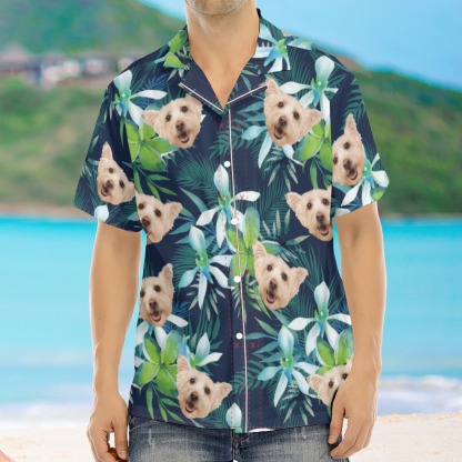Custom Hawaiian Shirt with Pet Photo Cat Face Dog Face Leaf Tropical Sunshine Style