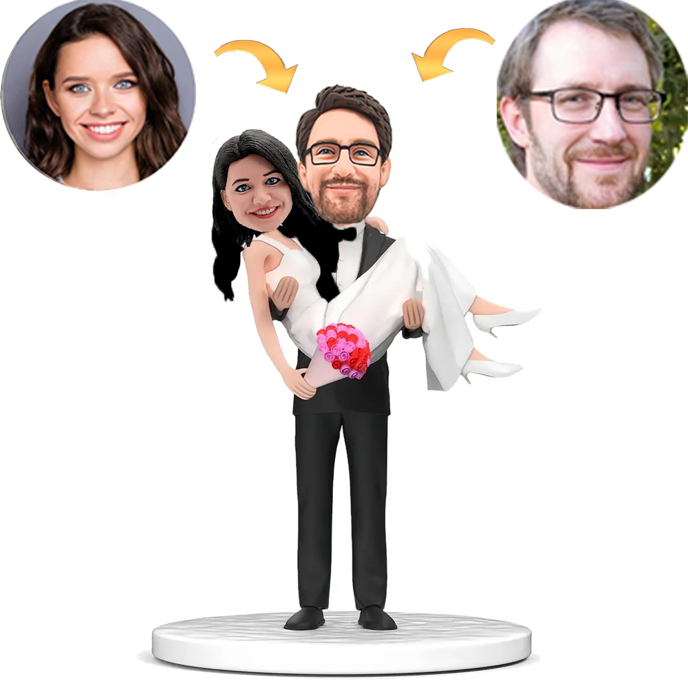 Wedding Couple Groom Holding Bride with Bouquet with Engraved Text