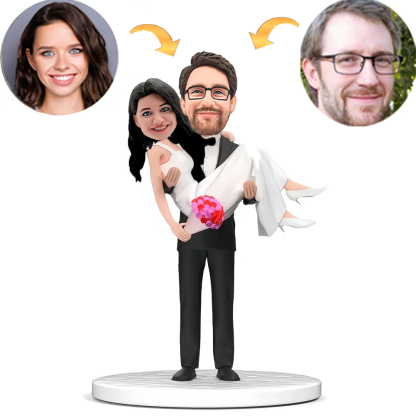 Wedding Couple Groom Holding Bride with Bouquet with Engraved Text