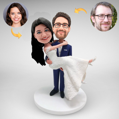 Princess Hugs Wedding Couple with Engraved Text Bride in White Wedding Dress