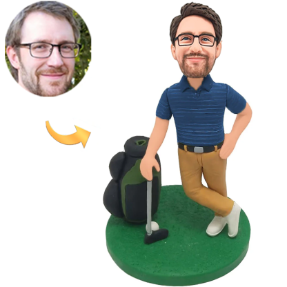 Man Playing Golf Wearing Striped Polo Shirt with Text Engraved