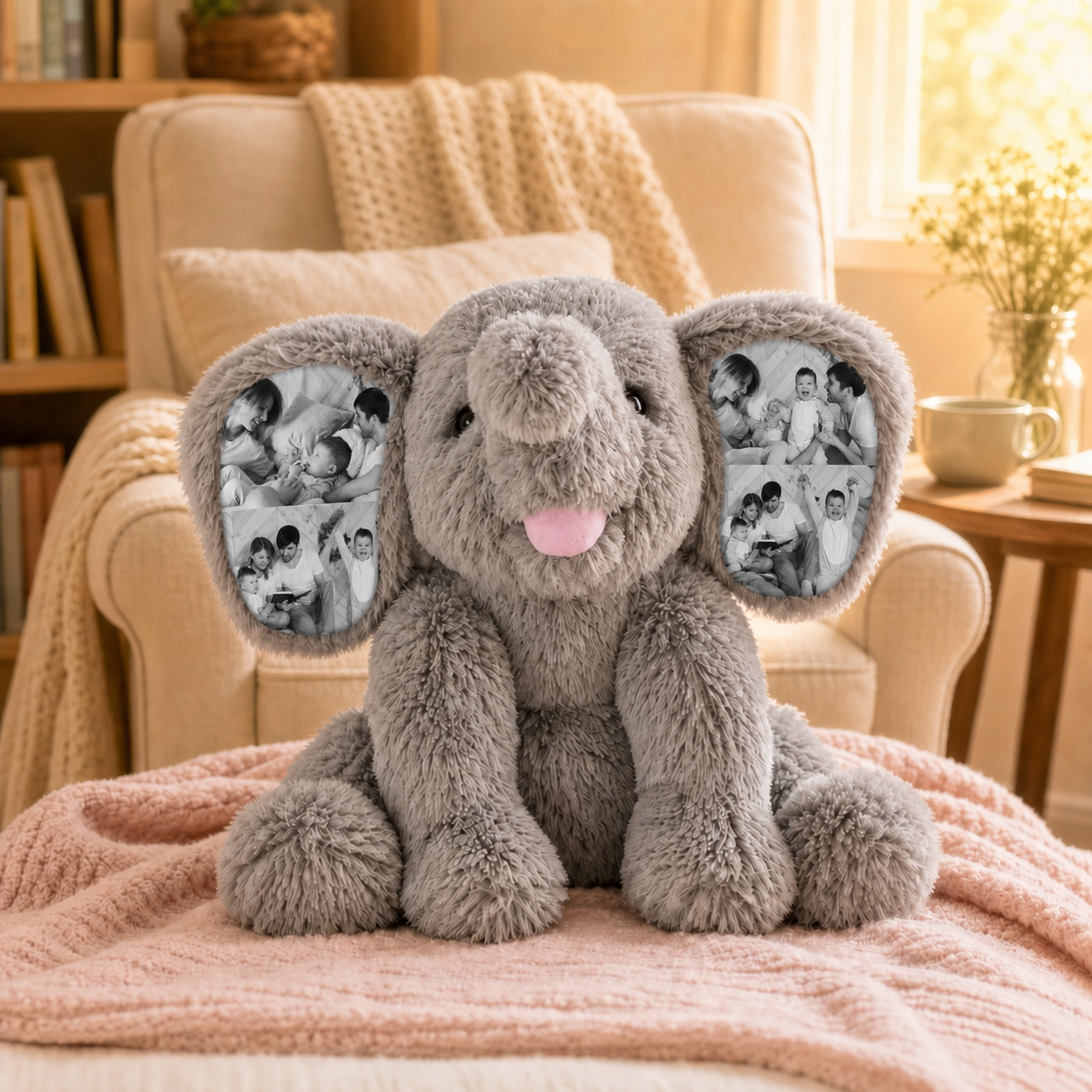 Personalized 8 Photo Elephant Plush with Embroidered Name Custom Memory Stuffed Animal Birthday and Back to School Gift for Kids