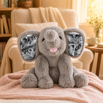 Personalized Photo Elephant Plush with Embroidered Name Custom 8 Pictures Ear Stuffed Elephant Anniversary Gift for Couples