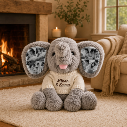 Personalized Photo Elephant Plush with Embroidered Name Custom 8 Pictures Ear Stuffed Elephant Anniversary Gift for Couples