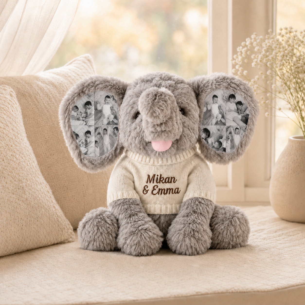 Personalized 8 Photo Elephant Plush with Embroidered Name Custom Memory Stuffed Animal Birthday and Back to School Gift for Kids