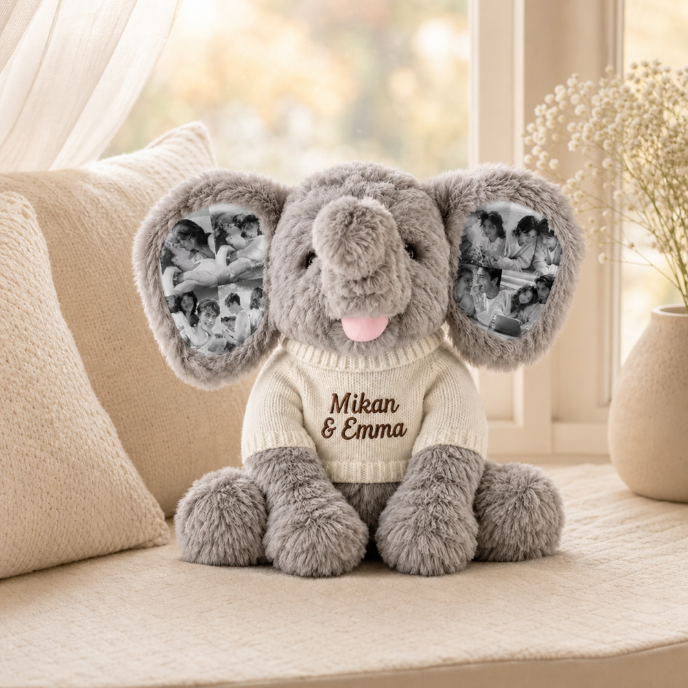 Personalized Photo Elephant Plush with Embroidered Name Custom 8 Pictures Ear Stuffed Elephant Anniversary Gift for Couples