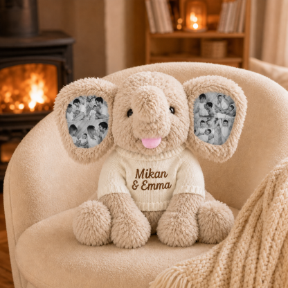 Personalized 8 Photo Elephant Plush with Embroidered Name Custom Memory Stuffed Animal Birthday and Back to School Gift for Kids