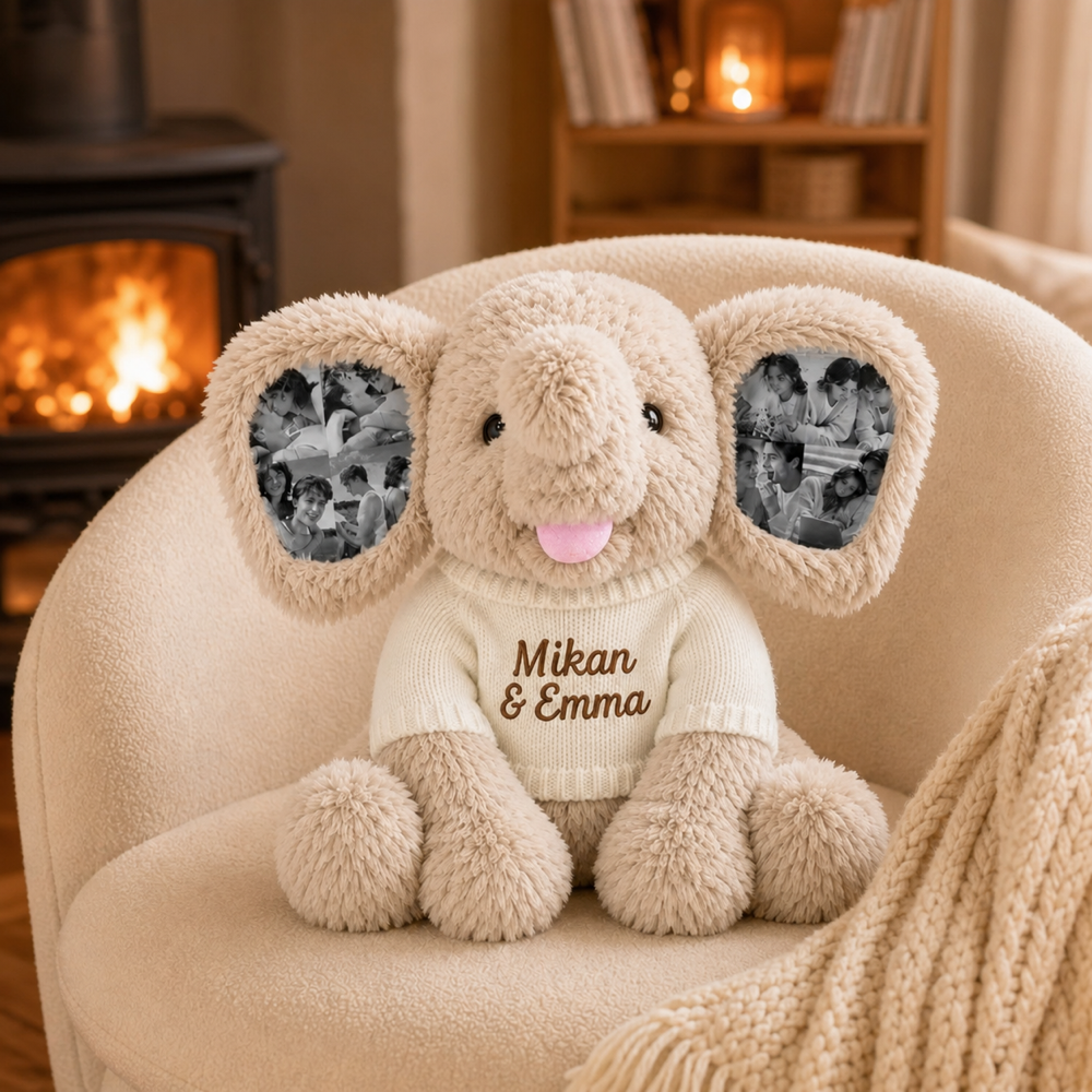Personalized Photo Elephant Plush with Embroidered Name Custom 8 Pictures Ear Stuffed Elephant Anniversary Gift for Couples