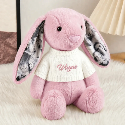 Personalized Photo Bunny Plush with Embroidered Name Sweater Custom Memory Stuffed Rabbit with 4 Photos Anniversary Gift for Couples