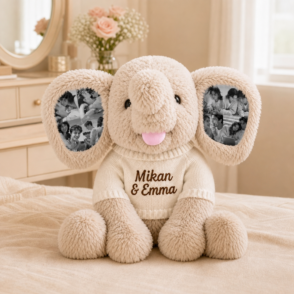 Personalized Photo Elephant Plush with Embroidered Name Custom 8 Pictures Ear Stuffed Elephant Anniversary Gift for Couples
