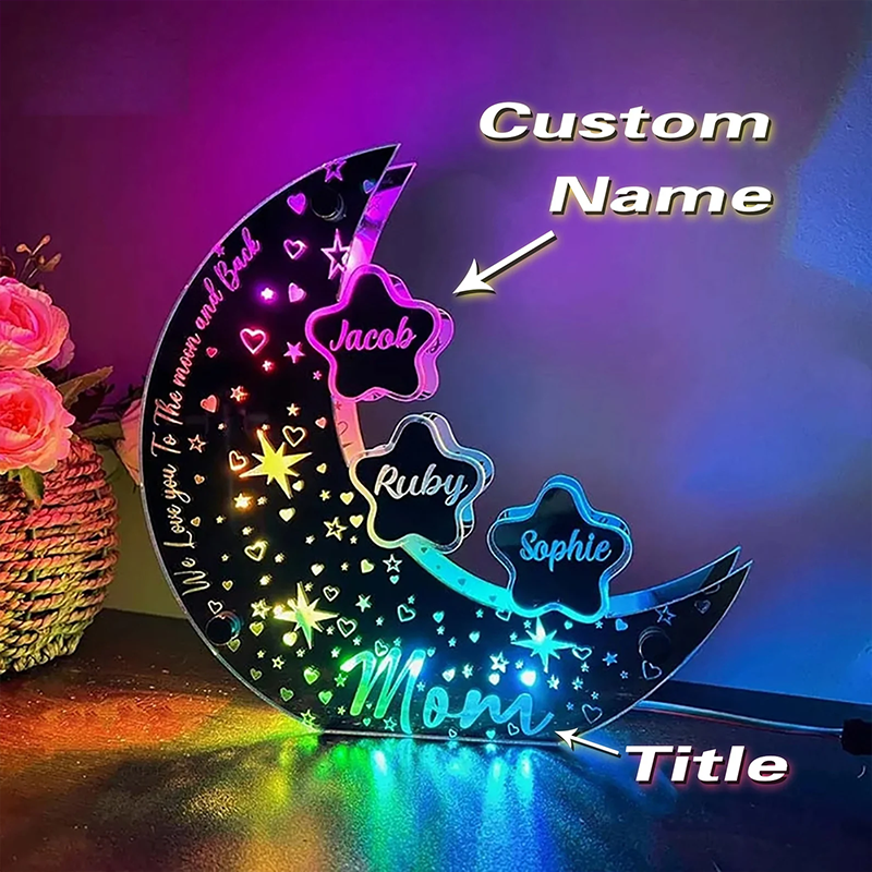 Personalized Acrylic Moon Sign Lamp for Mom Custom Moon Mirror Light Stars with Family Names Mother's Day Gift