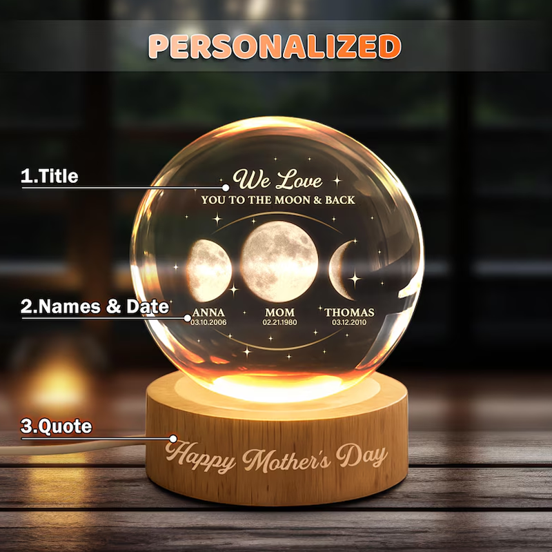 The Day You Became Our Mom Custom Moon Phase Crystal Ball Night Light Personalized Kids Name and Date Lamp Mother's Day Gift