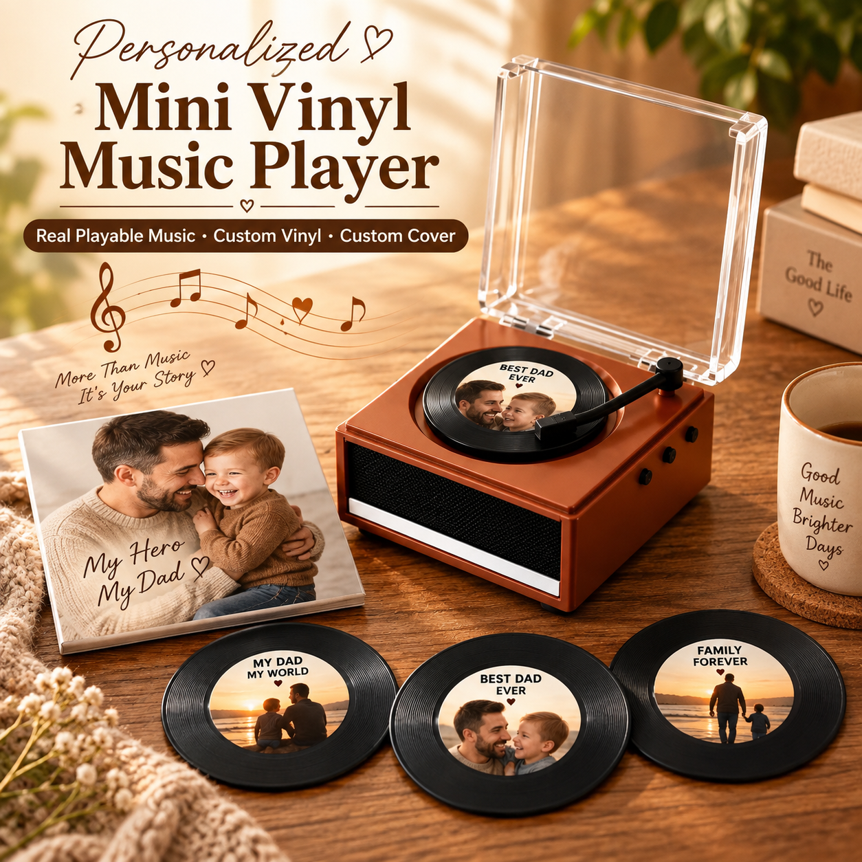 Personalized Photo and Whole Song Mini Vinyl Music Player Custom Record & Album Cover Music Box Father's Day Gift
