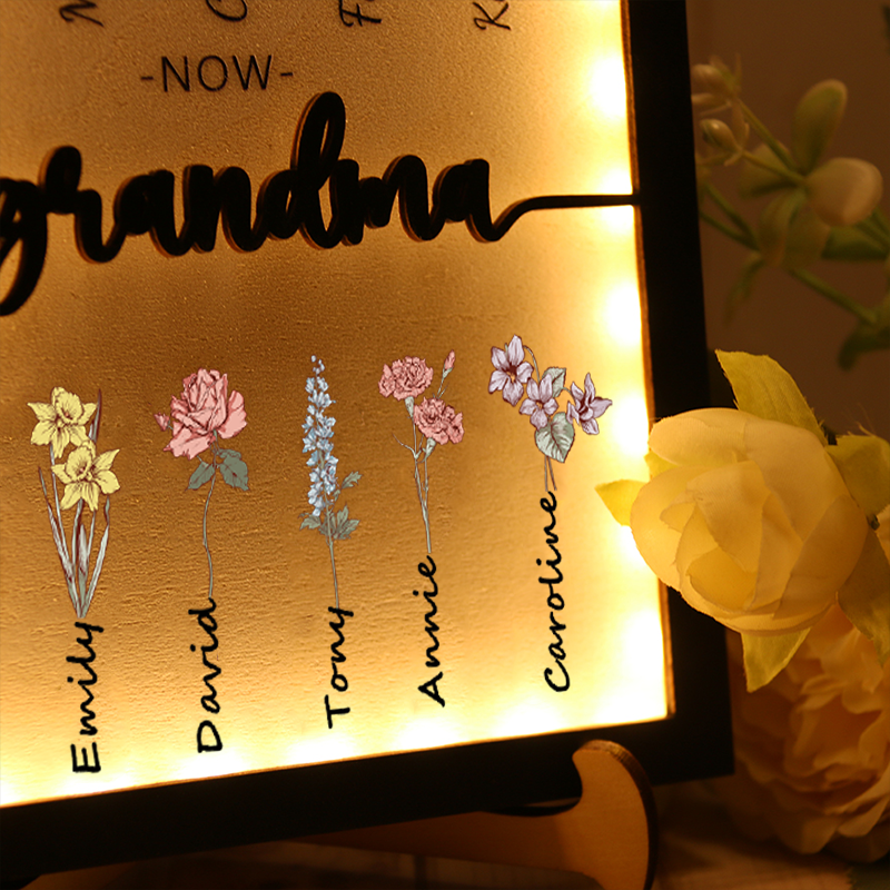 Grandma Garden Wooden Sign Night Light Personalized Name Birth Month Flower Frame Gift For Mom and Grandma