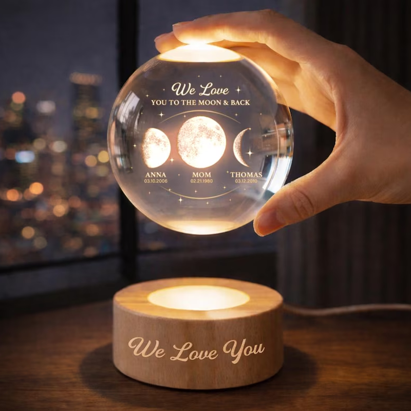 The Day You Became Our Mom Custom Moon Phase Crystal Ball Night Light Personalized Kids Name and Date Lamp Mother's Day Gift