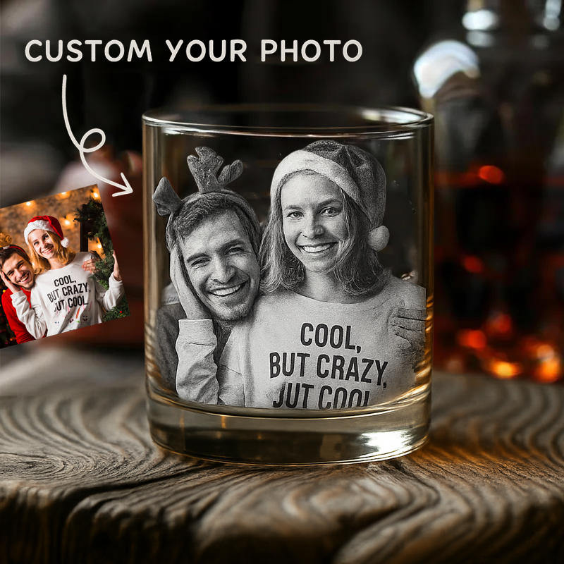 Custom Photo and Name Engraved Whiskey Glass with Laser Etched Bourbon