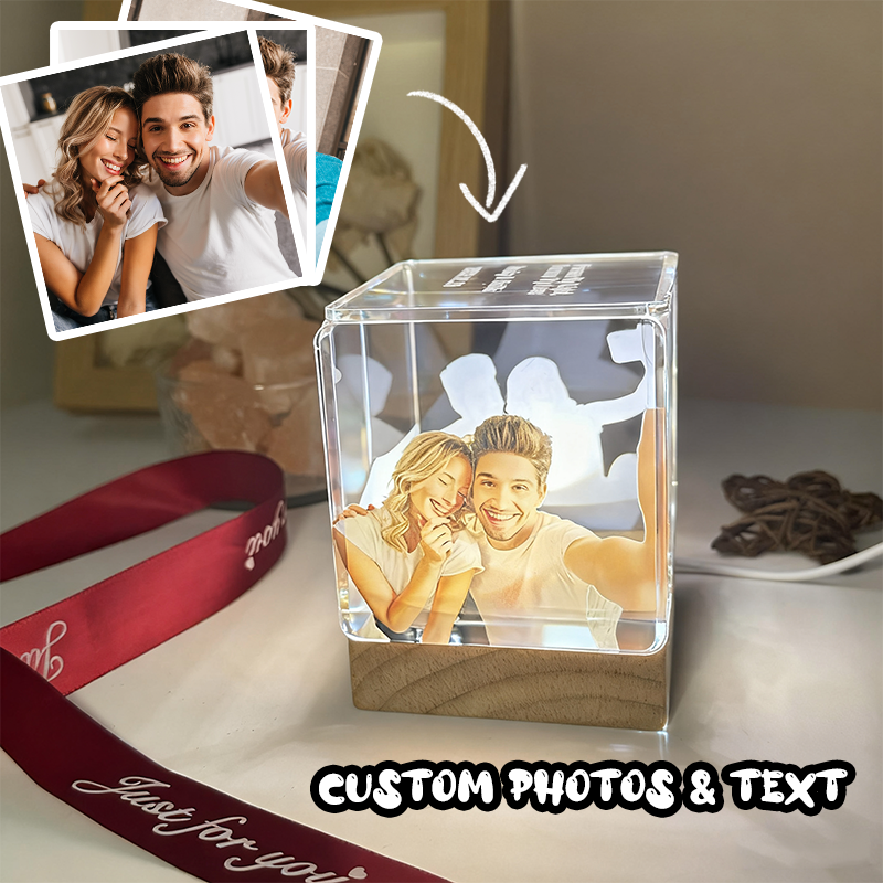 Custom Collage Photo Cube Night Light Box Lamp with Your Picture and Text Wooden Base Christmas Gifts