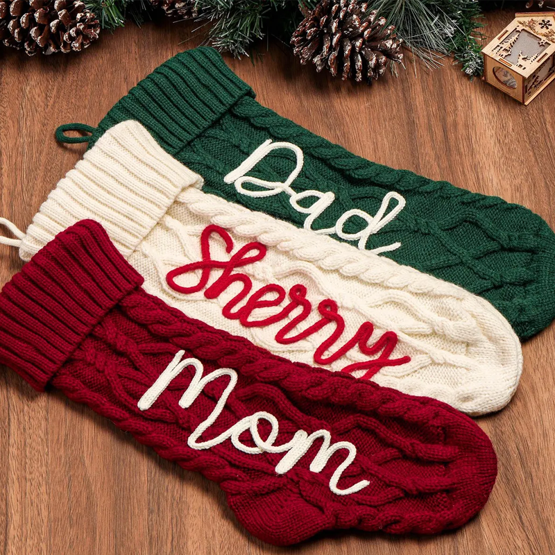 Handmade Personalized Name Hand Embroidered Christmas Stockings Custom Knit Socks Ornament with Name Family Xmas Gifts