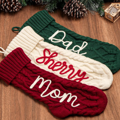 Handmade Personalized Name Hand Embroidered Christmas Stockings Custom Knit Socks Ornament with Name Family Xmas Gifts