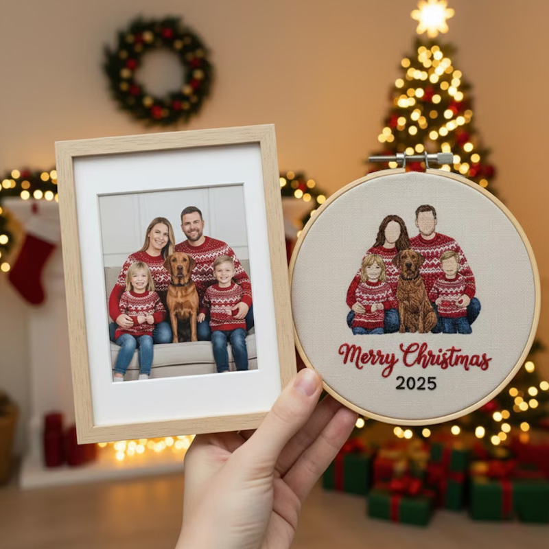 Custom Family Photo 3d Embroidered Ornament Personalized Portrait Hoop Hand Embroidered Christmas Keepsake Gift