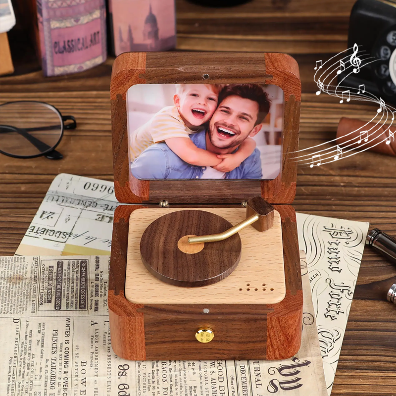 Personalized Wooden Photo Music Box with Custom Picture & Song Vintage Record Player Keepsake Father's Day Gift for Dad