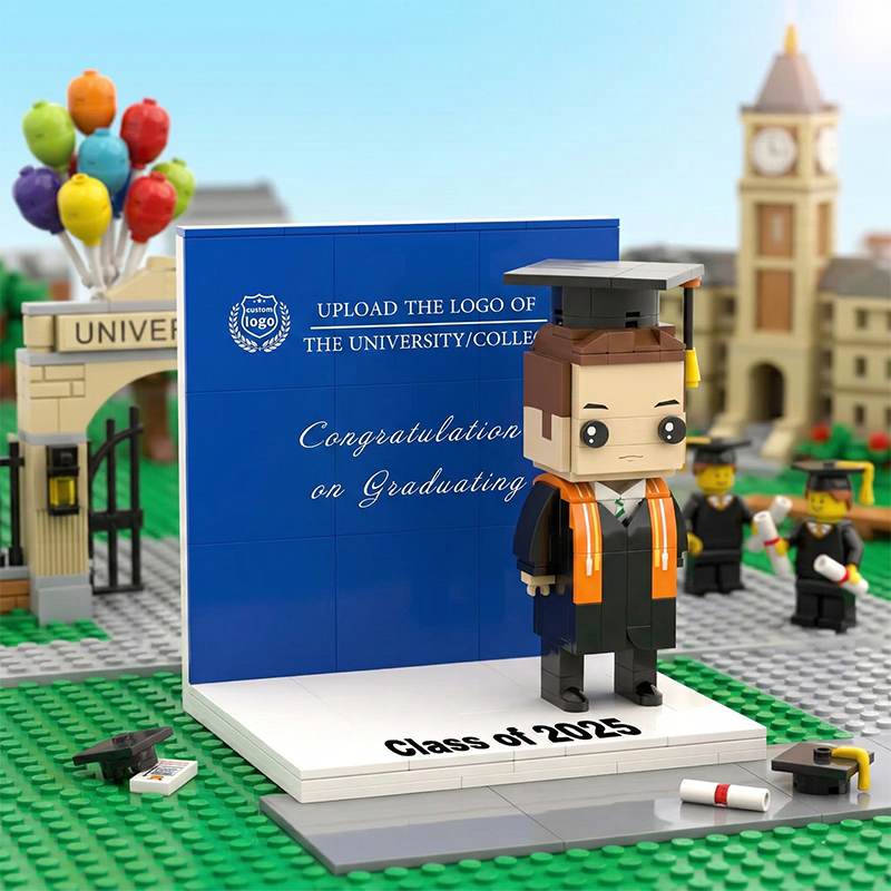 Custom Photo  and School Logo Building Bricks Figure Full Body Customizable 1 Person Display Panel Personalized Graduation Gift