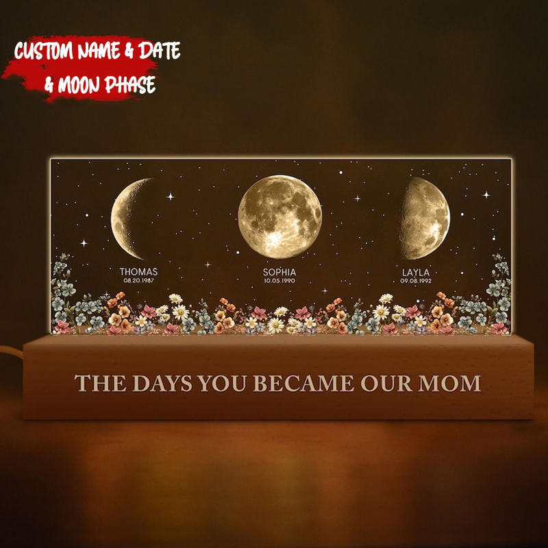 The Day You Become Mom/Grandma Moon Phase LED Night Light Custom Kids Names & Birth Date Lamp Mother's Day Gift for Mom and Grandma