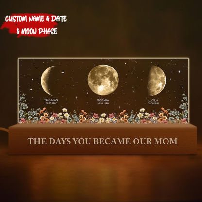The Day You Become Mom/Grandma Moon Phase LED Night Light Custom Kids Names & Birth Date Lamp Mother's Day Gift for Mom and Grandma