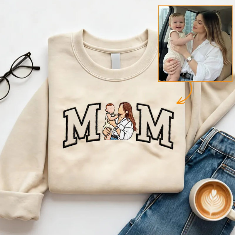Personalized Embroidered Mama Portrait Sweatshirt Custom Embroidered Hoodie with Family Photo Mother's Day Gifts