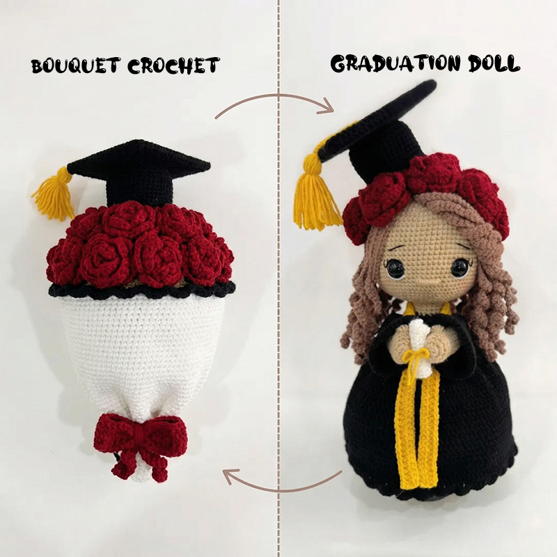 Handmade Finished Reversible Crochet Graduation Rose Bouquet with Embroidered Name Custom Crochet Doll Graduation Gifts