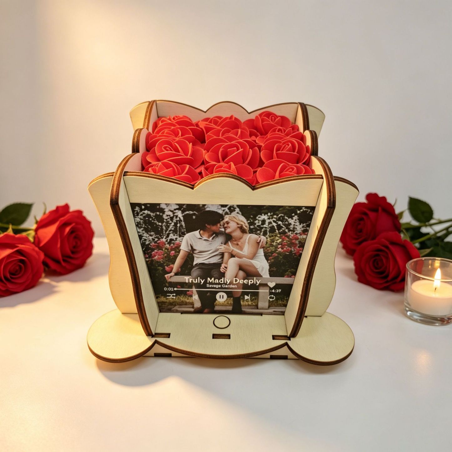 Custom Digital Music Box with 4 Photos and Custom Song Personalized Music Box with Preserved Red Rose Gift