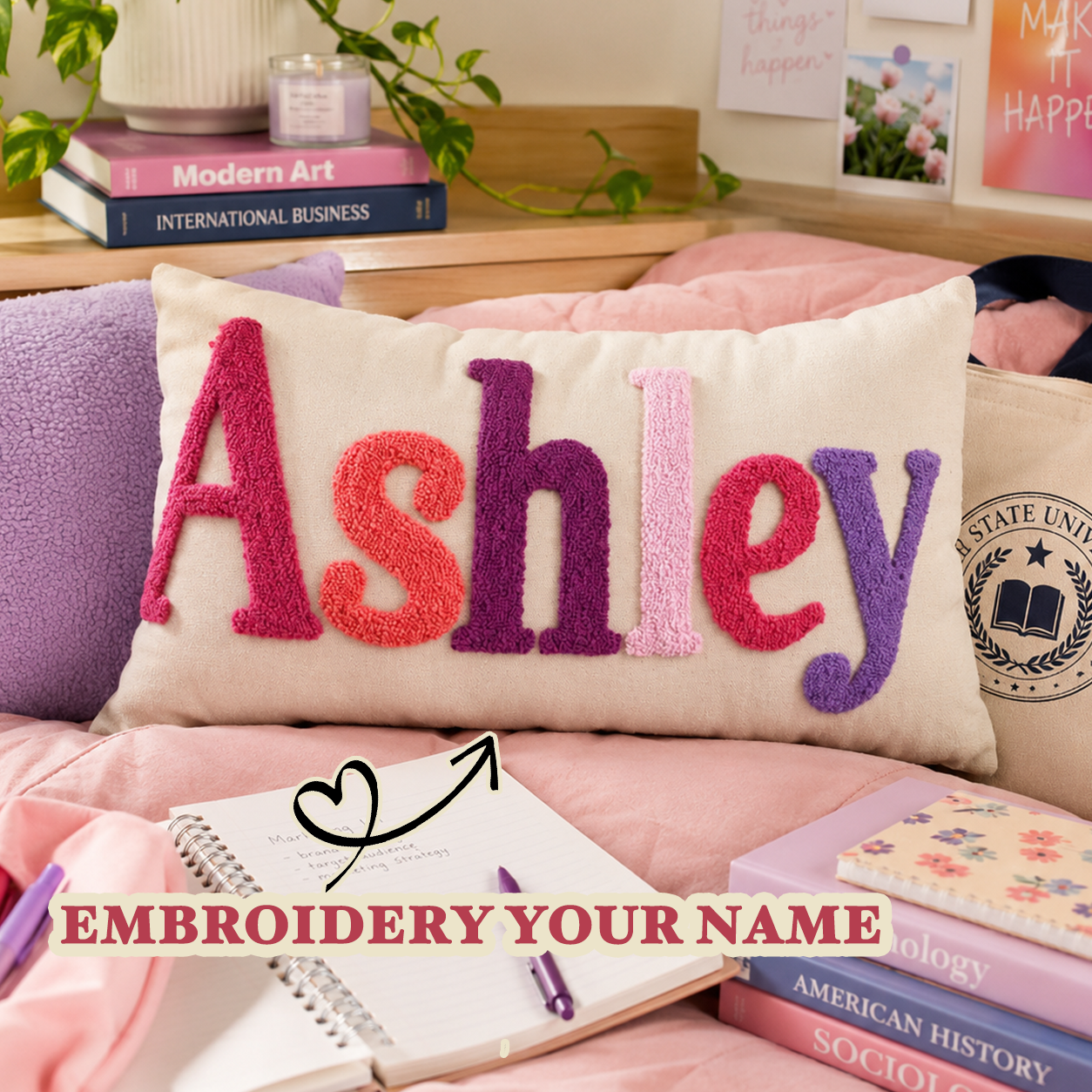Finished Handmade Personalized Name Embroidered Pillow Back to School Gifts Punch Needle Dorm Decor Gift for Students