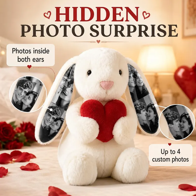 Personalized Photo Bunny Plush with Red Love Heart Custom Hidden Ear Picture Keepsake Stuffed Rabbit Anniversary and Valentine’s Day Gift for Couples