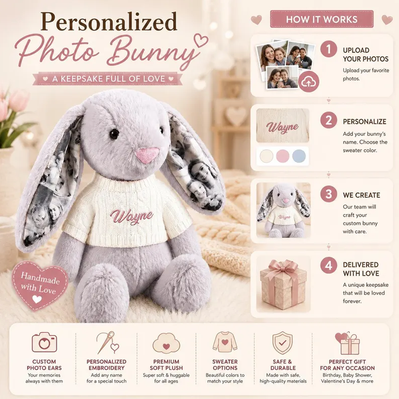 Personalized Photo Bunny Plush with Embroidered Name Sweater Custom Memory Stuffed Rabbit with 4 Photos Anniversary Gift for Couples
