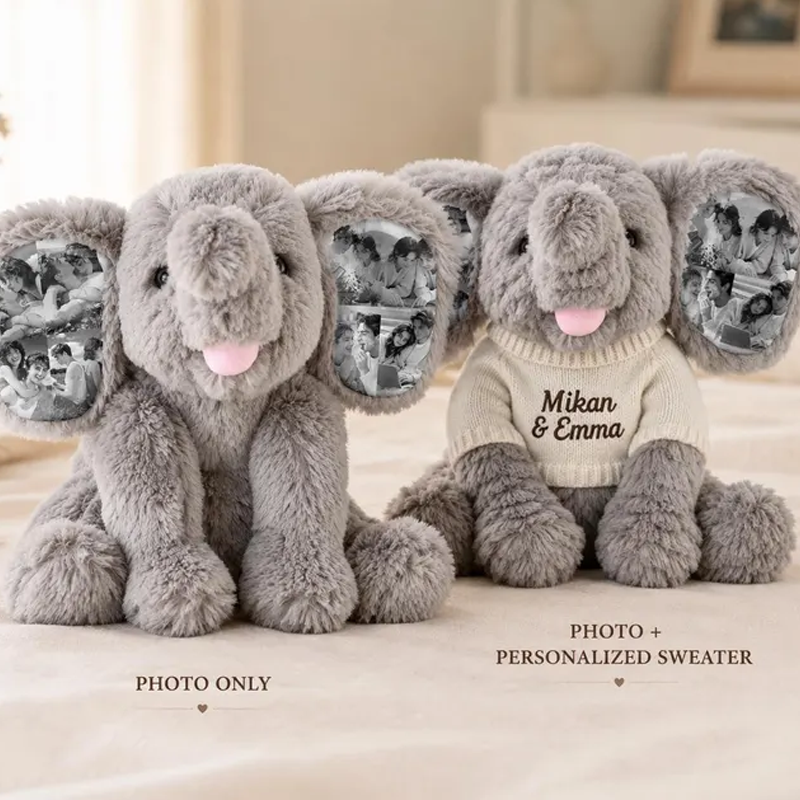 Personalized Photo Elephant Plush with Embroidered Name Custom 8 Pictures Ear Stuffed Elephant Anniversary Gift for Couples