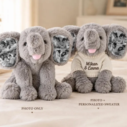 Personalized Photo Elephant Plush with Embroidered Name Custom 8 Pictures Ear Stuffed Elephant Anniversary Gift for Couples