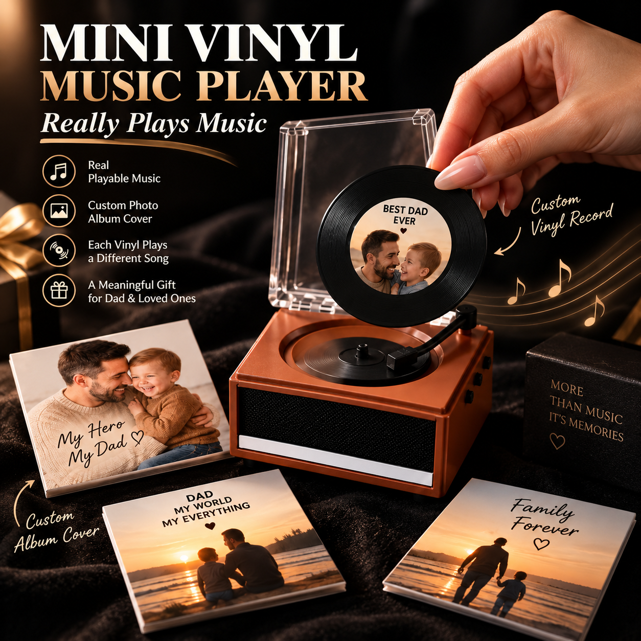 Personalized Photo and Whole Song Mini Vinyl Music Player Custom Record & Album Cover Music Box Father's Day Gift