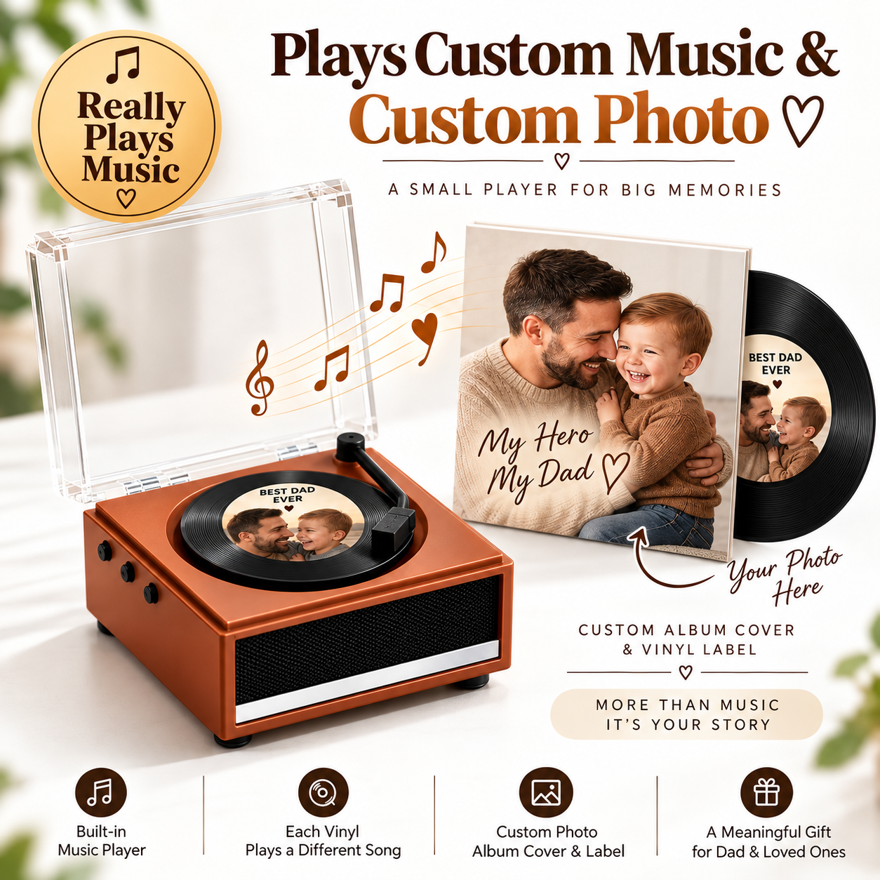 Personalized Photo and Whole Song Mini Vinyl Music Player Custom Record & Album Cover Music Box Father's Day Gift