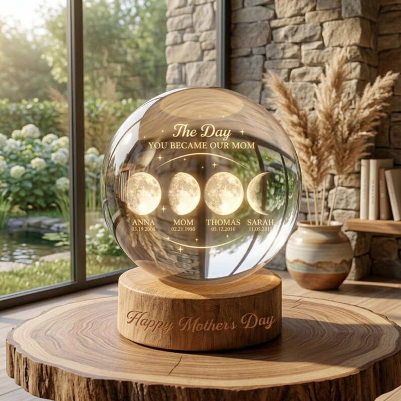 The Day You Became Our Mom Custom Moon Phase Crystal Ball Night Light Personalized Kids Name and Date Lamp Mother's Day Gift