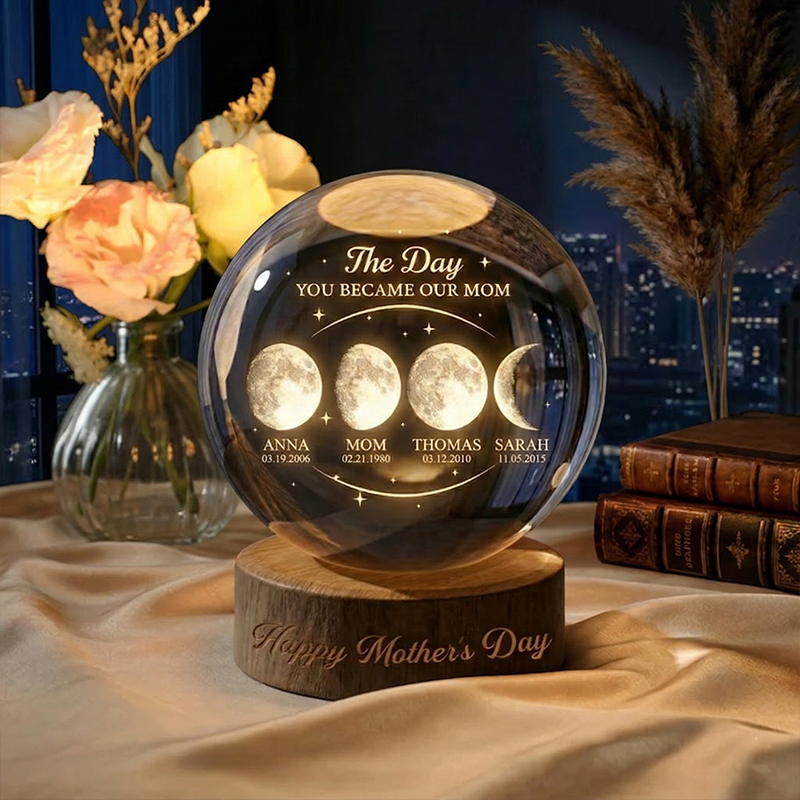 The Day You Became Our Mom Custom Moon Phase Crystal Ball Night Light Personalized Kids Name and Date Lamp Mother's Day Gift