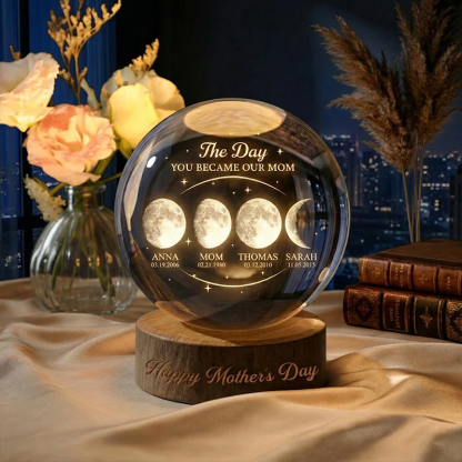 The Day You Became Our Mom Custom Moon Phase Crystal Ball Night Light Personalized Kids Name and Date Lamp Mother's Day Gift